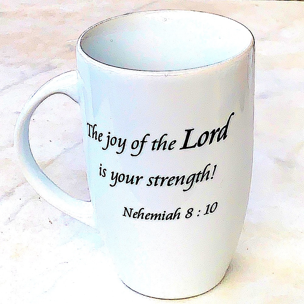 COVENTRY LATTE MUG CUP NEHEMIAH 8:10 6IN BLACK WHITE STONEWARE THE JOY